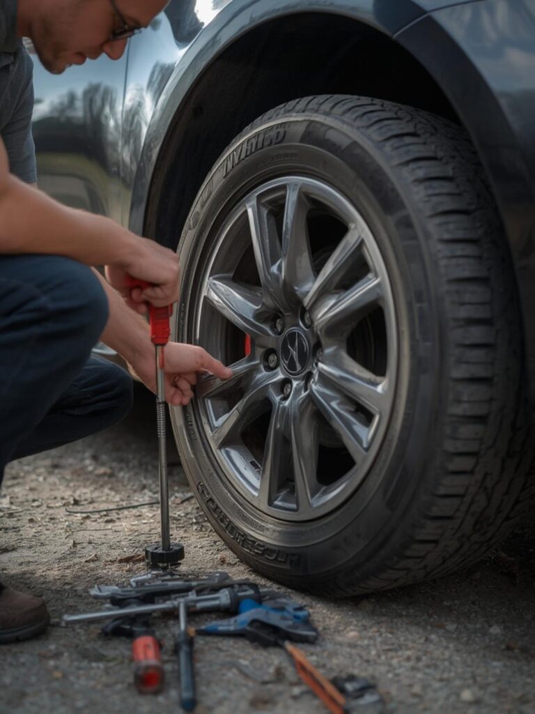 changing a flat tire planting